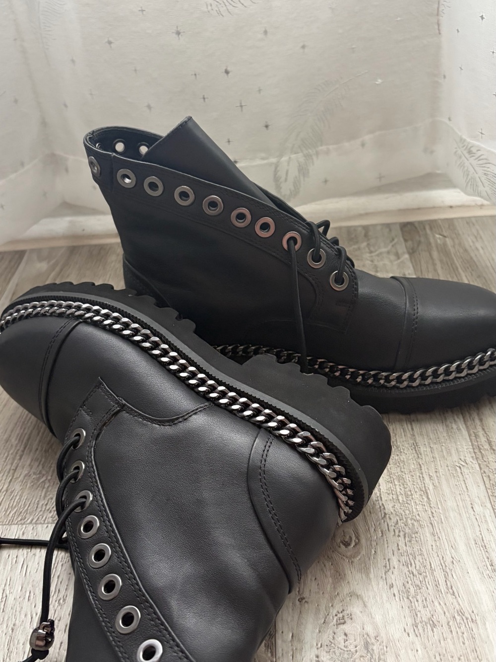 Vince Black Lace-Up Combat Boots with Chain Trim